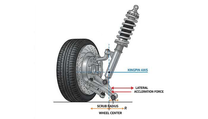 Diagram of a wheel showing kingpin axis, kingpin offset, wheel center, and acceleration force directions for vehicle suspension analysis