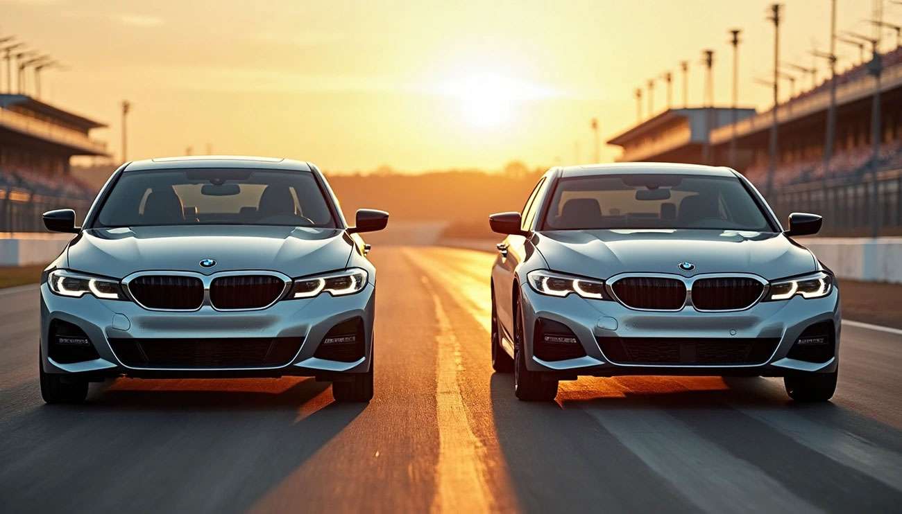 Two silver BMW cars with different wheel sizes side by side on a racetrack at sunset for performance comparison.