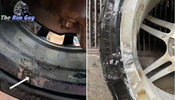 Close-up of a car wheel rim showing hidden damage before and after interior repair work