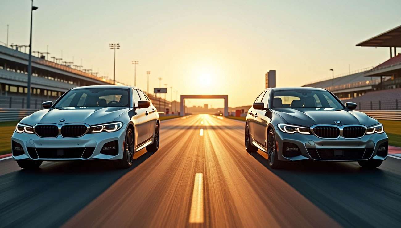Two identical cars on a closed course running different wheel and tire sizes side by side; focus on sidewall height, brake clearance, and stance