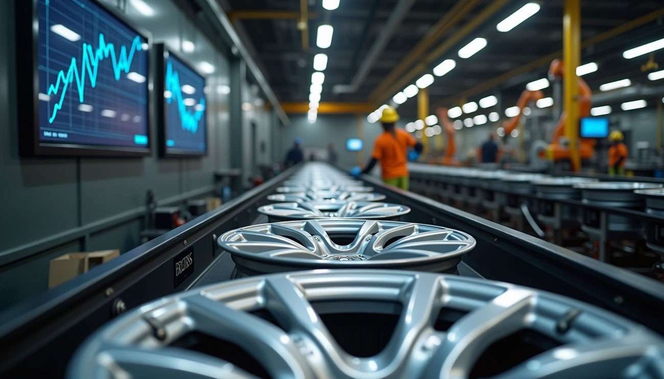 Assembly line of car wheels in a factory with workers and monitors showing supply chain price trends.