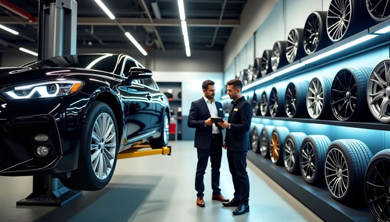 Two men in a tire shop discussing wheel options next to a black car on a lift with various tires displayed on the wall.