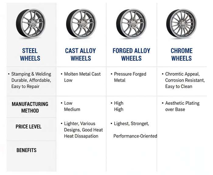 Comparison of four common car wheel types—Steel, Cast Alloy, Forged Alloy, and Chrome—with manufacturing, price, and benefits