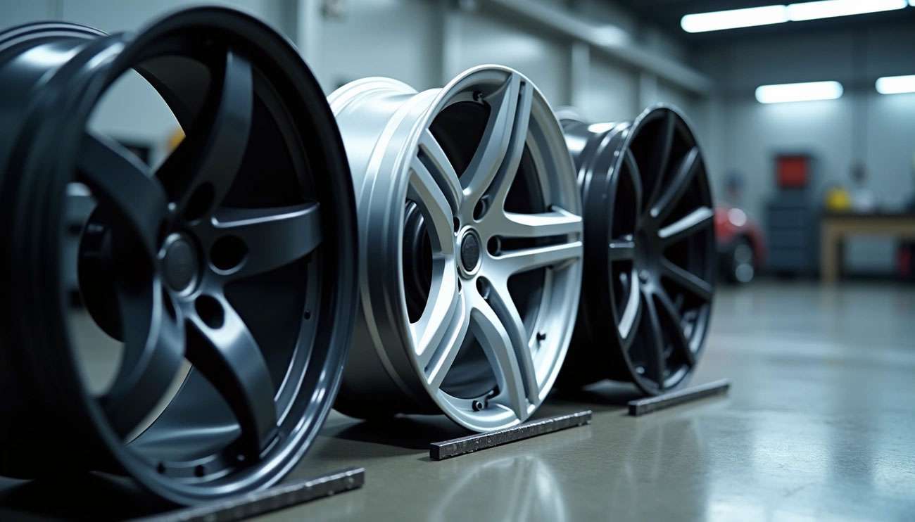 Close-up of three different car wheel rims in a workshop, showcasing various materials and designs.