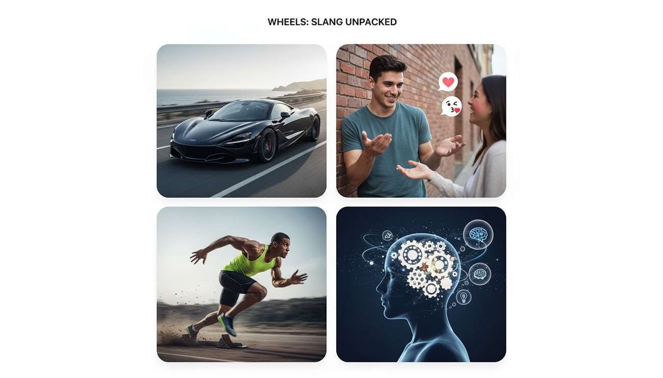 Collage showing different meanings of wheels slang including sports car, athlete running, person flirting, and thought bubbles representing mental activity