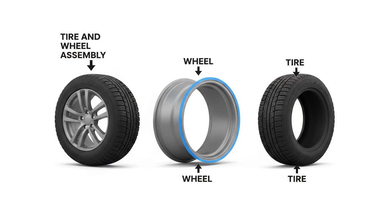 Detailed diagram showing the difference between wheel components including rim, spokes, and tire assembly