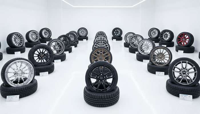 Multiple wheel and tire packages displayed in an automotive shop showing different sizes and styles