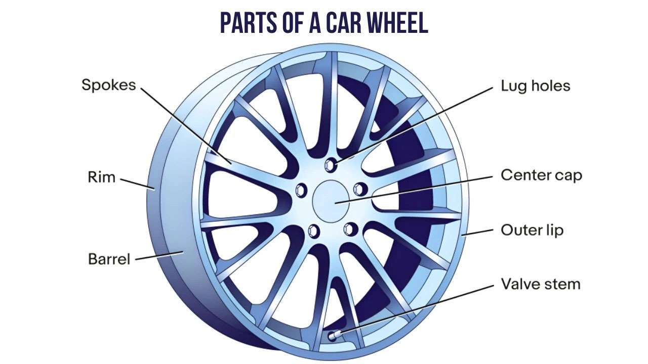 Diagram showing basic parts of a car wheel including spokes, rim, barrel, lug holes, center cap, outer lip, and valve stem.