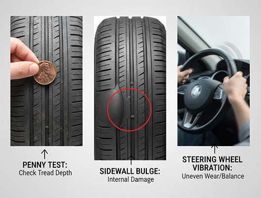 Signs your tires need replacement: tread wear, bulges, vibration