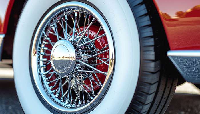 Close-up of a classic car's white wall tire and chrome hubcap against a shiny red body panel