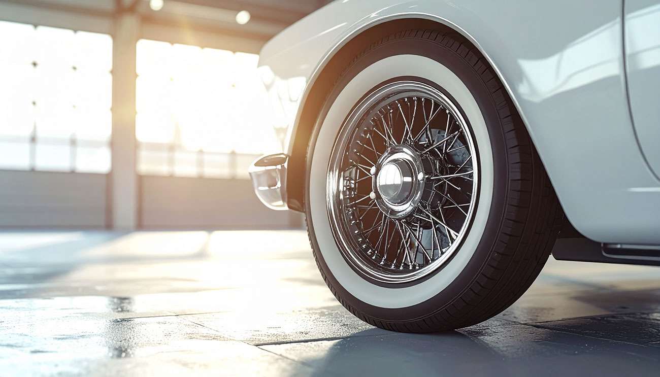 Close-up of a classic car's shiny chrome hubcap and whitewall tire in a sunlit garage setting