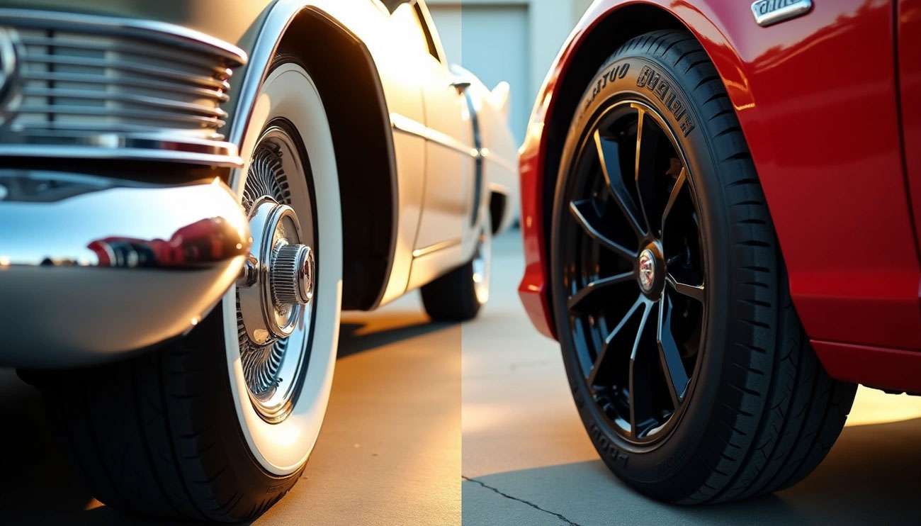 Close-up of a classic car's white wall tire next to a modern car's black tire in warm sunlight
