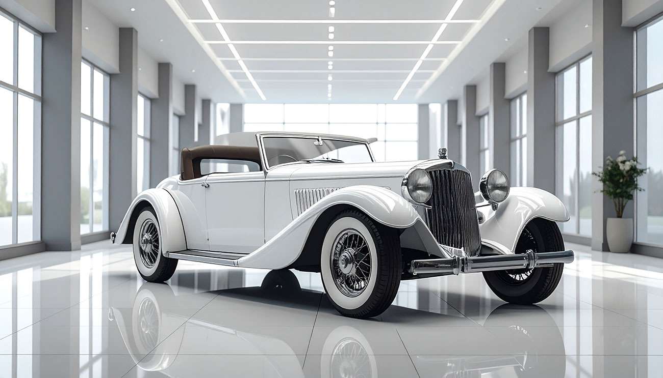 Classic white vintage car parked with whitewall tires displayed indoors