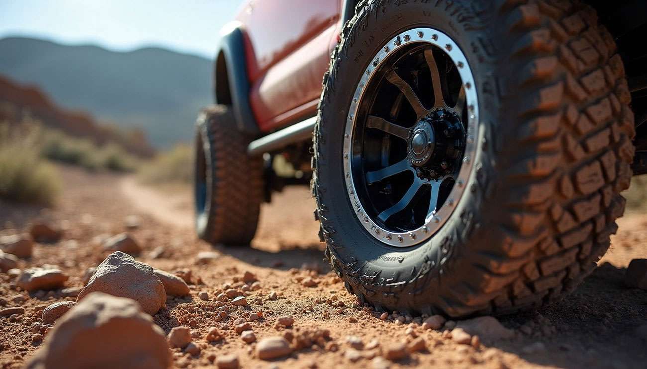 Close-up of rugged off-road tire and wheel on a red vehicle driving over rocky desert terrain