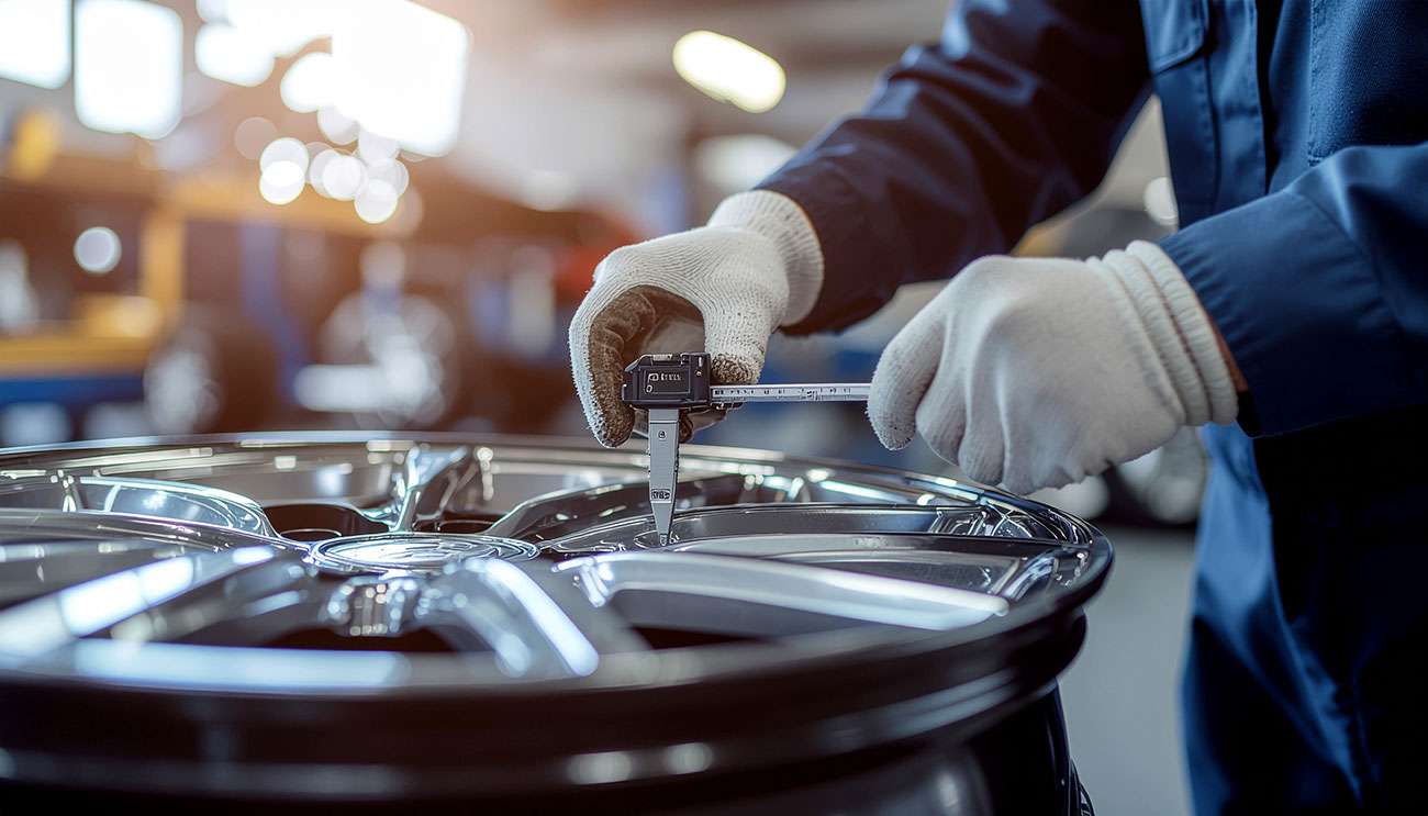 Close-up of luxury alloy wheel being measured with digital tools