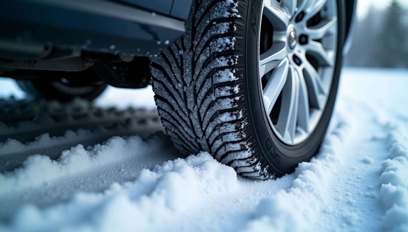 Close-up of a smart winter tire gripping a snowy road, highlighting advanced 2025 tread features and safety engineering