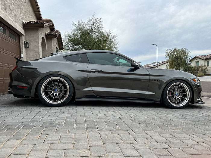 Work Emotion ZR10 2P two-piece wheels on a lowered S550 Mustang with staggered fitment.