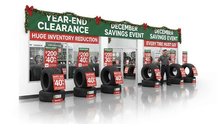 December tire clearance event signage showing year-end inventory reduction pricing and manufacturer rebates