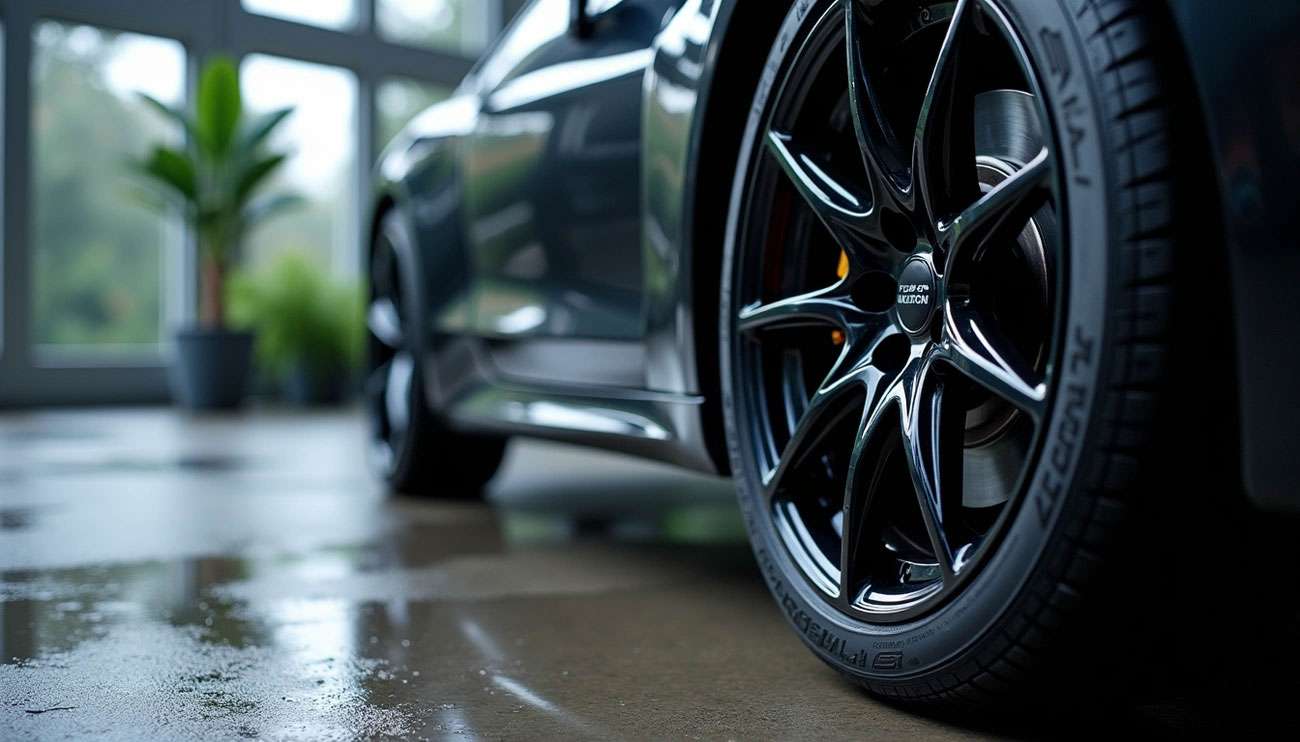 Close-up of a Yokohama tire mounted on a sleek black car with a wet showroom floor and plants in the background